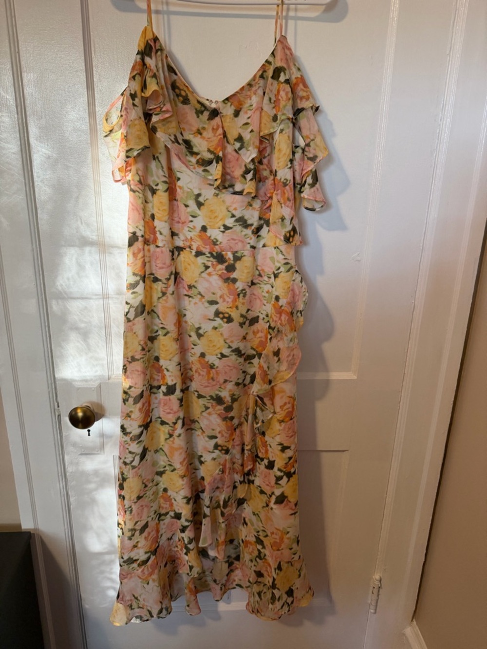 Floral Cold-Shoulder Maxi Dress in Pink, Yellow and Cream